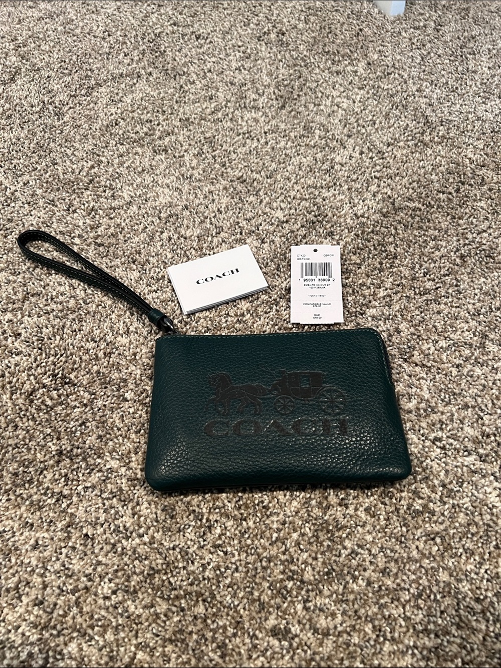 Coach Forest Green Pebbled Leather Wristlet Pouch